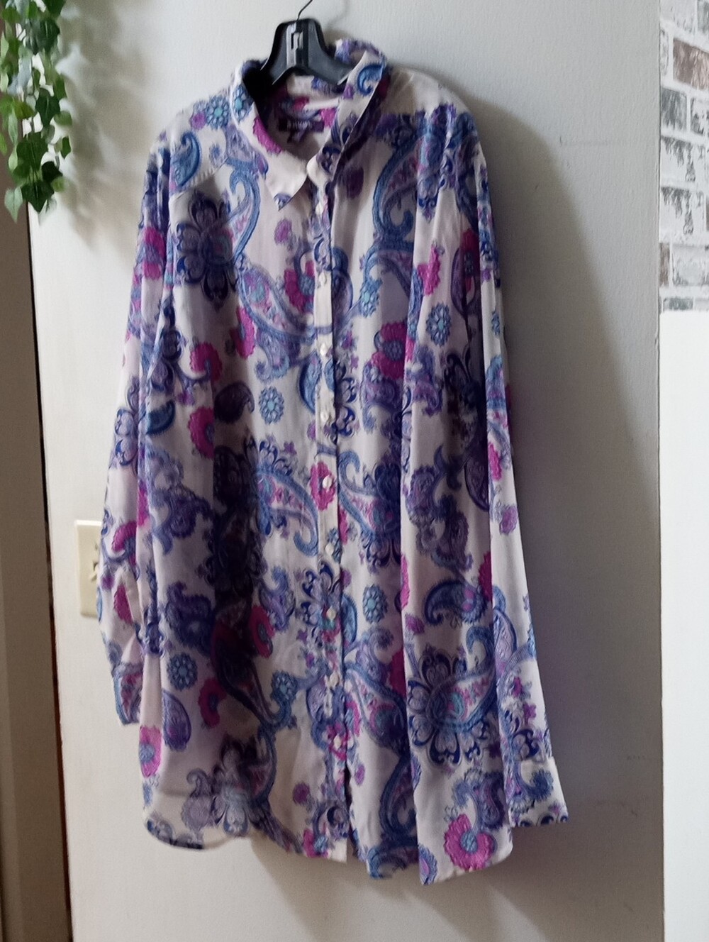 Roaman's White Button-Down Shirt with Purple & Pink Paisley